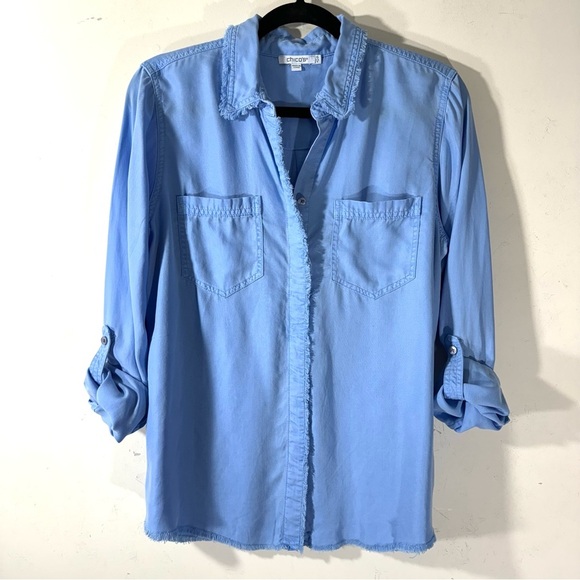 2/$35 Chico's Fringed Button Down Shirt Blue - Picture 6 of 12
